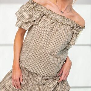 NWT EASEL Bohemian Sage Plaid Off Shoulder Ruffle Top S M L